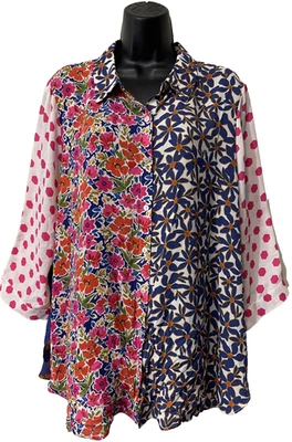 全新带标签 Rose & Olive 1X 混合印花拼布花卉豹纹上衣衬衫 — 第 1/4 张图片