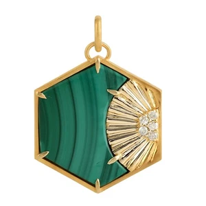 Handmade 14k Gold Diamond & Malachite Gemstone Hexagon Pendant Jewelry - Picture 1 of 7