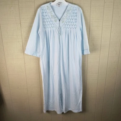 NWT Miss Elaine Zip Front Knit Robe Full Length Pale Blue Petite Small Cotton - Image 1 of 4