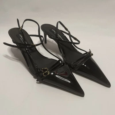 Dolce & Gabbana DG Plaque Leather Slingback Pumps Women's Black Size 41 - Image 1 of 4
