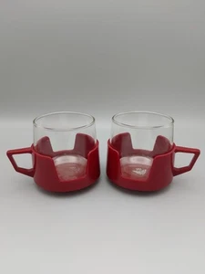 2 x JAJ Pyrex Vintage Glass Cups & Plastic Holders Burgundy/Maroon - Picture 1 of 4