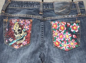 Ed Hardy Christian Audigier Y2K Damen Jeans Größe 28 Totenkopf und Blumen 28 x 27 - Bild 1 von 15