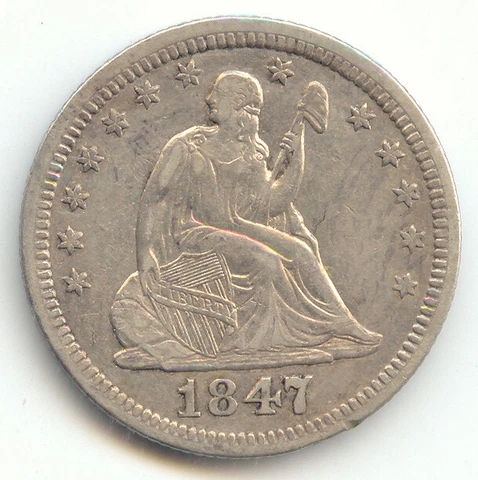 1847 Seated Liberty Quarter, Scarce Double Die Reverse, Recut Date, XF-AU Detail Cover