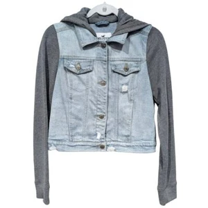 Hollister California Light Distressed Denim Gray Sweatshirt Jacket sz M Y2K Crop - Picture 1 of 10