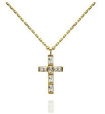 Gold Plated Cross Pendant Necklace for Women with Baguette Cubic Zirconia 