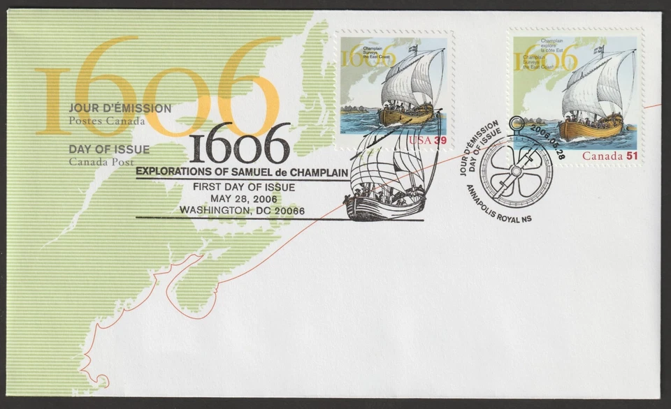 Canada #2155, Champlain Surveys East Coast, Joint with USA Cover, FDC 2006 - Image 1 of 1