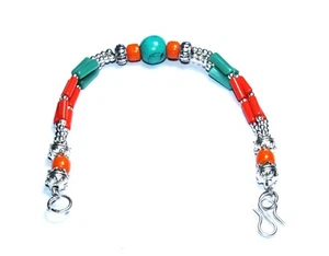 Turquoise Red Coral Amber Gemstone Handmade Nepali Bracelet Size 7.8 Inches - Picture 1 of 4