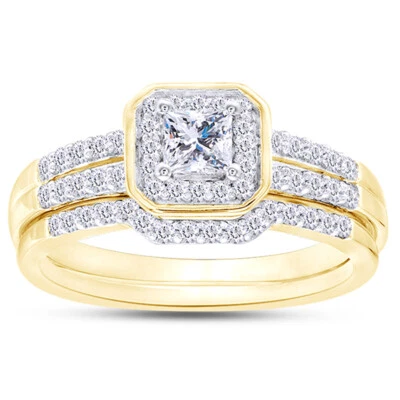 1/2 CT CERTIFIED Princess Diamond Cushion Frame Bridal Set Yellow Gold Plated - Image 1 of 4