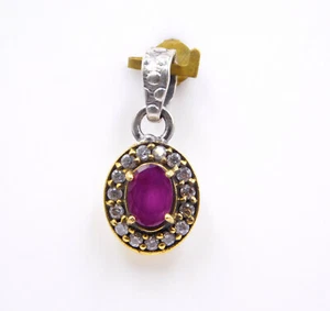 2.6 Gm Lab-Created Ruby Stone 925 Solid Sterling Silver Two Tone Pendant Size 1" - Picture 1 of 4