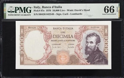 ITALY BANCA D'ITALIA 1970 10,000 LIRE BANKNOTE, PICK-97e PMG CERTIFIED CU-66-EPQ - Image 1 of 2
