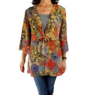 CAbi #360 Shakespeare Semi Sheer Floral Ruffle 3/4 Sleeve Tie Front Kimono SZ M - Image 1 of 4