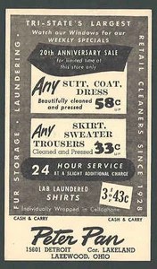 1949 PC CLEVELAND OH PETER PAN LARGEST CLEANING STORE FOR SUITS COATS ETC - Picture 1 of 1