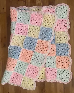 Handmade Knit/Crochet Baby Blanket Multicolor 37”x 27” Pastels Cotton Candy - Picture 1 of 7