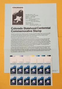 SCOTT #1711, 13¢ Colorada State, PLATE BLOCK of 12 w/USPS descript info letter - Picture 1 of 2