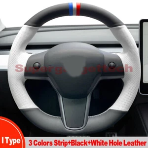 Black&White Leather Steering Wheel Hand Sewing Wrap For Tesla model 3/Y I Type - Picture 1 of 8