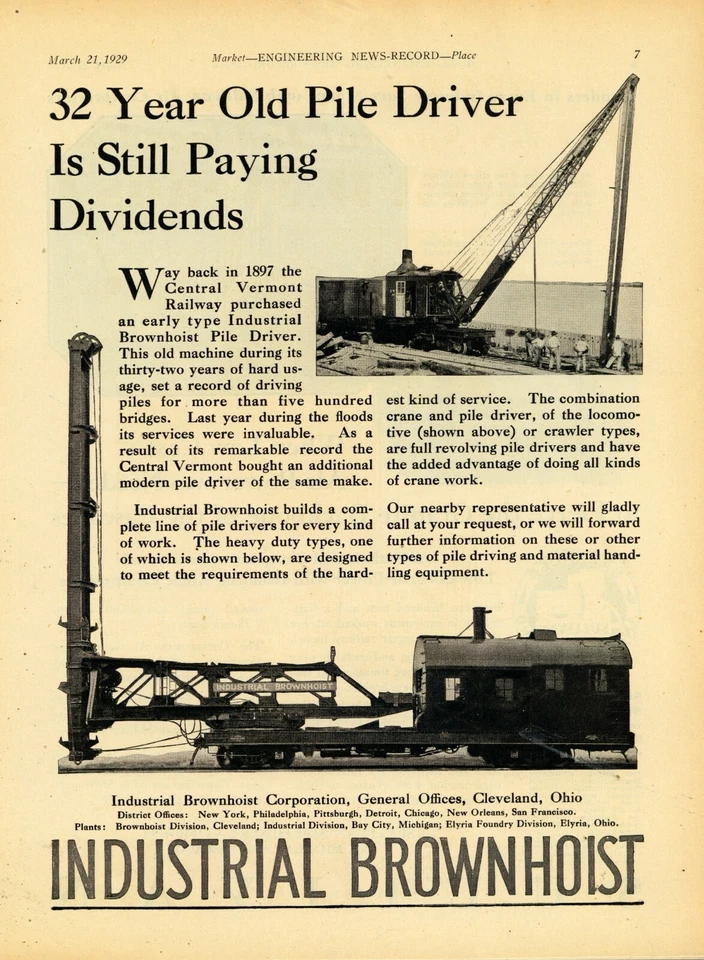1929 Industrial Brownhoist Railroad Crane Ad: Central Vermont Railway Piledriver - Image 1 of 1
