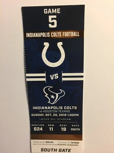 INDIANAPOLIS COLTS VS HOUSTON TEXANS OCTOBER 20, 2019 TICKET STUB - Picture 1 of 1