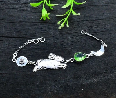 Green Amethyst Gemstone 925 Sterling Silver Jewelry Rabbit Bracelet Sz-7-8 Foto 1 de 4