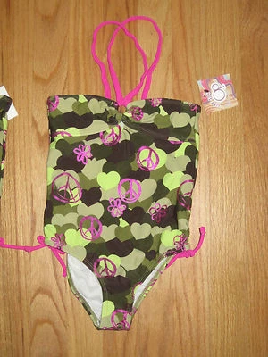 Girl Metallic Pink Peace Signs Flowers Camouflage Camo bathing swim suit NWT 4 5 - Image 1 of 4