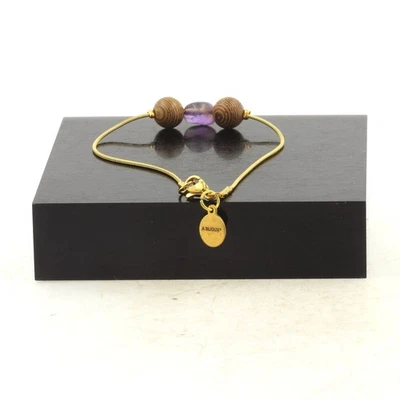 Brazalete de acero inoxidable chapado en oro 1 perla amatista de Brasil + madera 8 hecho Foto 1 de 2