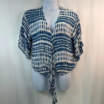 Love STITCH Women L Tie Front Kimono Blouse Top Blue White Lagenlook Art to Wear - Image 1 of 4