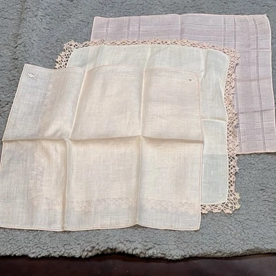 Vintage Handkerchief Lot 3 Crochet Edge Linen Border Pink White Granny - Image 1 of 4