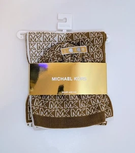 New With Tag Michael Kors Logo Scarf and Beanie Hat Set Dark Camel Cream - Picture 1 of 5