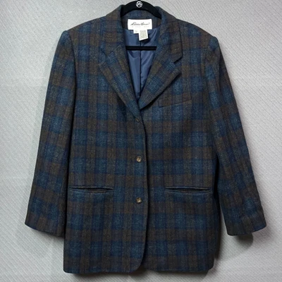 Eddie Bauer Blazer Womens L Blue Tartan Plaid Wool Preppy Jacket Grandmacore Vtg - Image 1 of 4