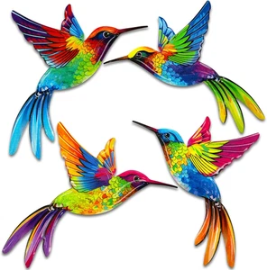 4 Pack Metal Hummingbird Wall Art Decor, 3D Colorful Birds Outdoor Wall Art Pati - Picture 1 of 12