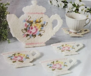Mary Maxim Teacup Coasters 25902 and holder plastic canvas kit yarn needlework - Picture 1 of 3