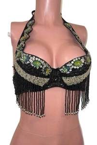 Y2K Rhinestone Sequin Beaded U/W Halter Molded Fringed Bra Top Glam S NWT Party - Picture 1 of 2