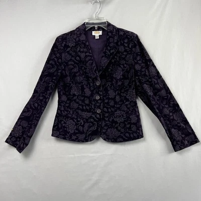 Chaqueta Blazer Talbots Mujer Talla 8 Púrpura Floral Terciopelo Algodón Boho Abotonada Foto 1 de 4