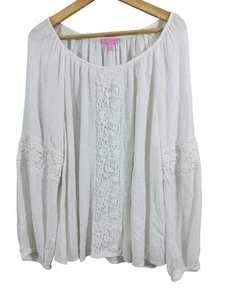 Top donna Lilly Pulitzer Briony taglia L boho manica lunga viscosa bianco spiaggia - Foto 1 di 12