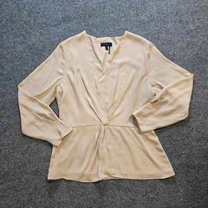 Donna Karan Top Womens Size Large Beige Tan V Neck Pleated Classic Minimalist - Picture 1 of 9