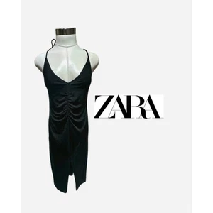 Zara Black Ruched Satin Halter Midi Dress NWOT - Picture 1 of 5
