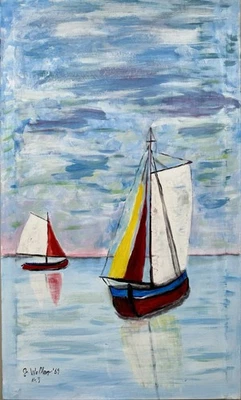 Original alte maritimes Landschaftsbild, dekorativ/naiv, Ölgemälde signiert 1969 - Bild 1 von 4