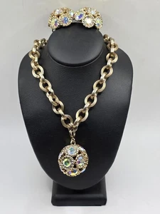 Vintage Sarah Coventry Round Rhinestone Pendant Necklace 15.5" Earrings 1"  - Picture 1 of 7