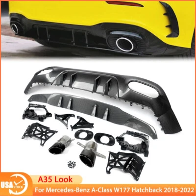 A35 Look Rear Bumper Diffuser w/ Tailpipes For 2018-2022 Benz A-Class W177 - Imagem 1 de 4