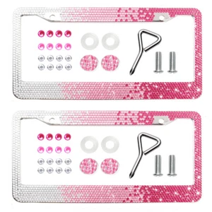 2x Bling Car License Plate Frame Crystal Rhinestone Tag Cover Gradient Pink Lady - Picture 1 of 9