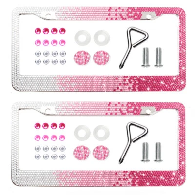 2x Bling Car License Plate Frame Crystal Rhinestone Tag Cover Gradient Pink Lady - Image 1 of 4
