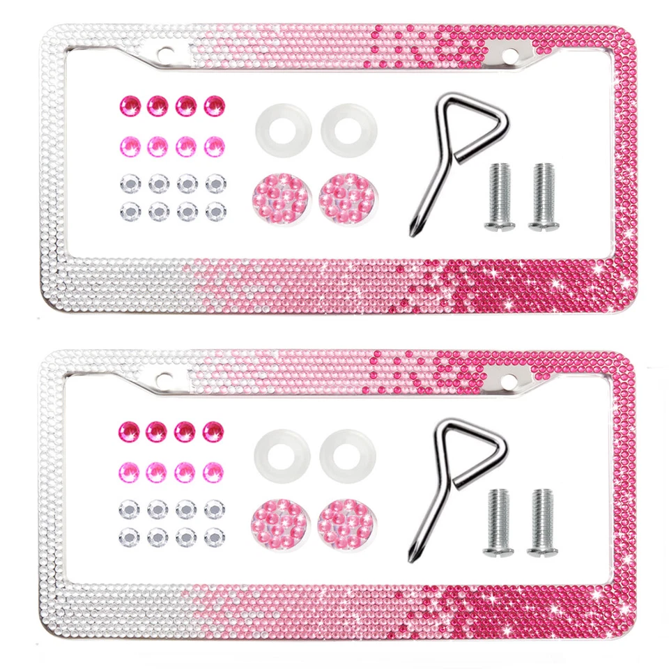 2x Bling Marco de matrícula de coche Cristal Estrás Etiqueta Cubierta Gradiente Rosa Dama Foto 1 de 4