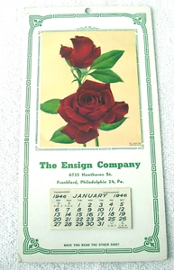 Calendario publicitario Ensign Pellets 1946, litografía rosa roja, 12 meses - Imagen 1 de 5