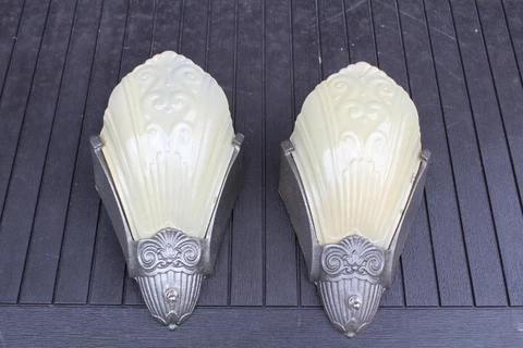Antique Pair Art Deco Slip Shade Wall Sconce Glass Sign Theater Virden Cover