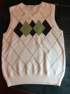 Gymboree Boys Sleeveless Sweater Vest In White With Green & Brown Diamond 7/8 - Picture 1 of 4