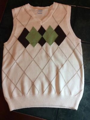 Gymboree Boys Sleeveless Sweater Vest In White With Green & Brown Diamond 7/8 - Image 1 of 4