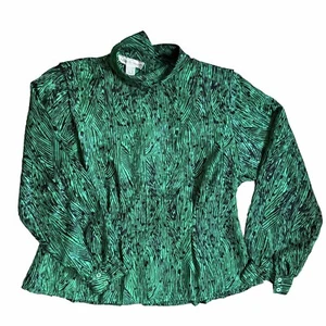 Vtg Womens Kelly Green Shirt Blouse Turtleneck Back Buttons 10 Petite Silky - Picture 1 of 12