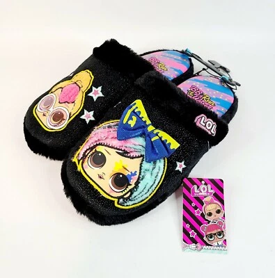 LOL Surprise Glitter On Novelty Slippers Girls Kids Black Faux Fur Various Sizes - Image 1 of 4
