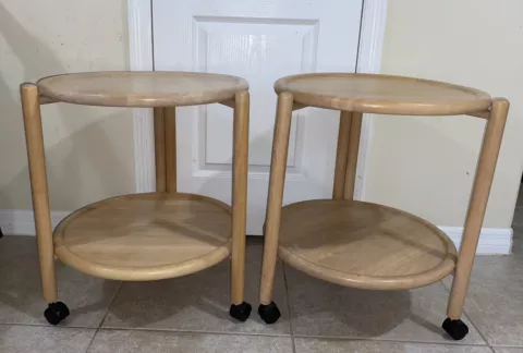 Pair Dansk MCM Danish 2-Tier Round Tray Table Removable Lazy Susan 70s Portable Cover