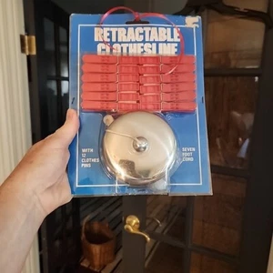 Vintage Retractable Clothesline Chrome Reel 7 ft Cord Indoor/Outdoor w/pins - Picture 1 of 9