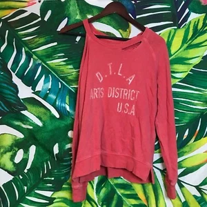 Lucky Brand Small Distressed Cold Shoulder Red Arts District Sweatshirt - Picture 1 of 10
